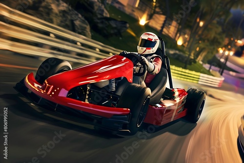 Electric go kart racer in action on lit urban night time street circuit, motion blur