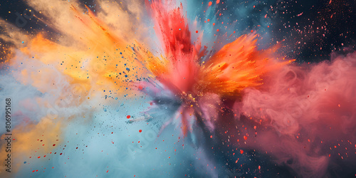 colorful dust explosion on the center of the image abstract illustration, red, orange, yellow, blue combination on black background