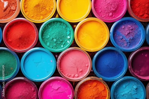 Overhead shot captures an array of brightly colored powdered pigments in buckets, showcasing their texture and saturation