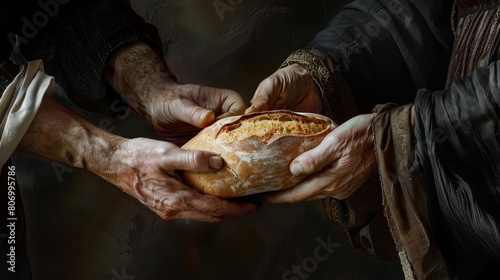 photorealistic hands sharing bread in communion ritual black background
