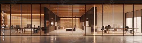 3D rendering of a modern office interior with glass walls and desks in a front view.