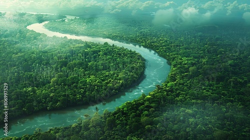 serpentine amazon river winding through lush peruvian rainforest aerial landscape view digital illustration