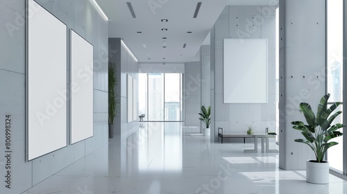 At a hightech corporate building lobby, the creative white blank mockup presents a professional image, white blank poster billboard Sharpen with large copy space