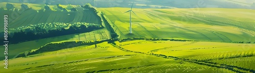 Tall wind turbine erection, lush green field, drone perspective, ultradetailed nature scene