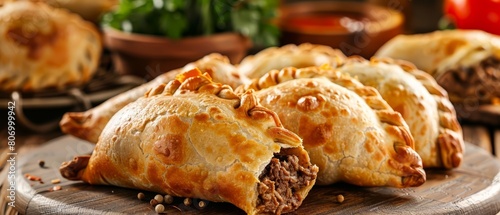 Discover the robust flavors of an Argentinian empanada, freshly baked and filled with beef, with a solid background and copy space on center for advertise