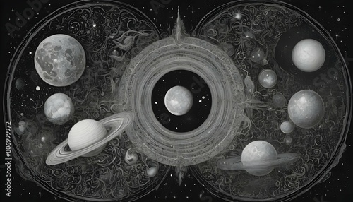 Celestial drawings depicting stars moons and gal