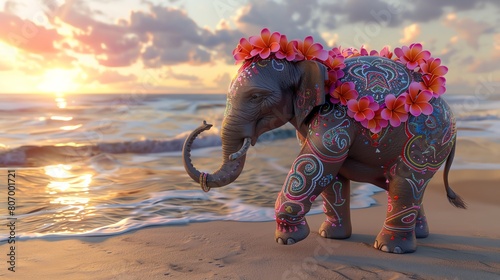 A cute, 3D-rendered baby elephant on the beach, decorated with a floral garland around its neck and intricate paisley patterns painted on its skin