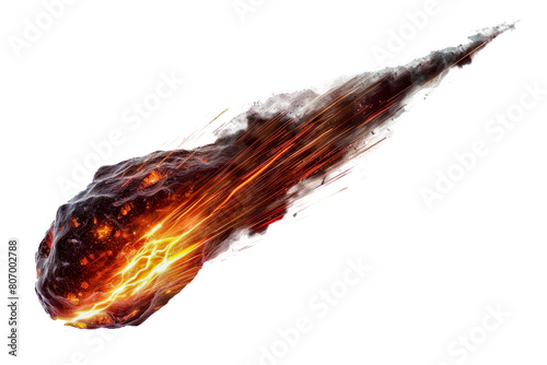 Flaming meteorite with fiery trail in space cut out on transparent background