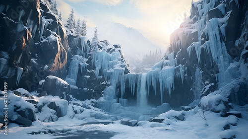 Frozen Waterfall: Capture the stillness of ice clinging to rock faces.