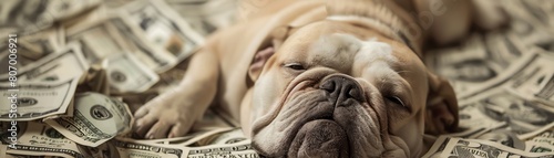 A bulldog is sleeping on a pile of money