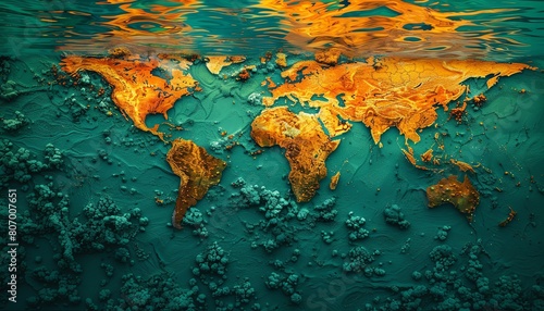 Create an image of a world map showing significant areas submerged underwater, representing the consequences of polar ice melt. bright colors, photo