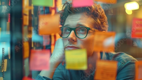 Contemplative scene of a glassesclad associate quietly curating scattered sticky note concepts into a cohesive flow on glass