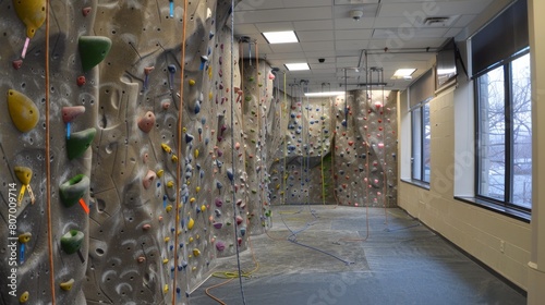 Interior of a climbing gym with artificial bouldering wall and equipment