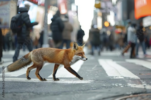 A fox trotting confidently across a busy crosswalk, blending seamlessly with city pedestrians