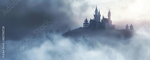 Bring the whimsical to life with a dreamy long shot of a minimalist fairy tale castle immersed in misty morning light Capture the essence of solitude and mystery in a unique low-an