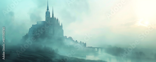 Bring the whimsical to life with a dreamy long shot of a minimalist fairy tale castle immersed in misty morning light Capture the essence of solitude and mystery in a unique low-an