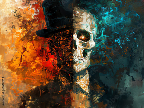 Bring to life the duality of Jekyll and Hyde through a wide-angle view, merging psychological concepts with a mix of dark oil painting and intricate digital textures