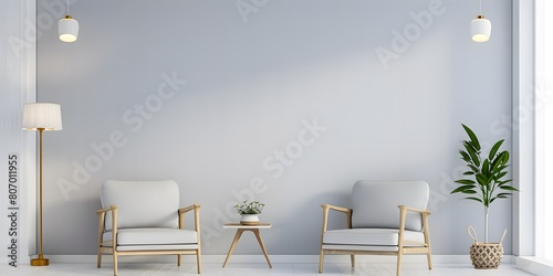 Modern minimal interior with two armchair on empty white color wall background