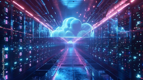 A cloud computing infrastructure with data servers and virtual storage solutions, illustrating the scalability and flexibility offered by cloud technologies in digital transformations