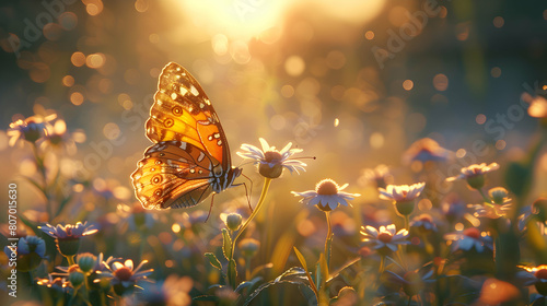 Photo realistic: Butterfly landing on a wildflower A butterfly gently lands on a wildflower, capturing a stunning moment of interaction between fauna and flora in exquisite detai