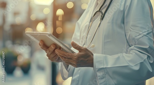 A doctor in a white coat holds an iPad in a closeup shot against a blurred background, Generated by AI