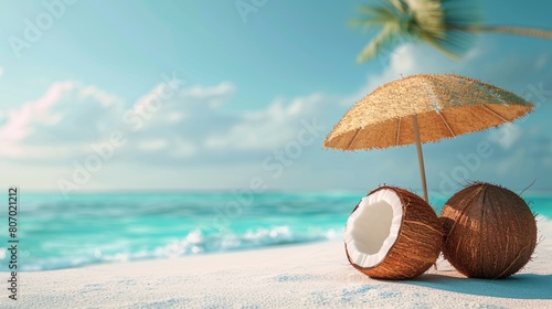 coconut fruits shaped as beach elements with a sun umbrella, set against a minimalist, isolated background.ropical beach concept with summery and unique