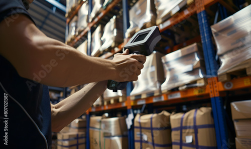 Worker hand man scanning package with warehouse barcod . Barcode Scanning in Warehouse