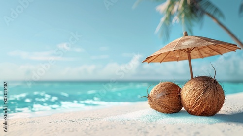 coconut fruits shaped as beach elements with a sun umbrella, set against a minimalist, isolated background.ropical beach concept with summery and unique