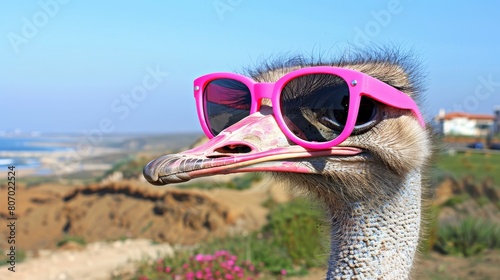  A near view of an ostrich wearing sunglasses, with a beach in the backdrop