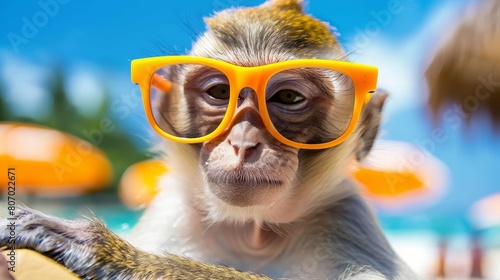  Monkey with yellow glasses; background of umbrellas blurred
