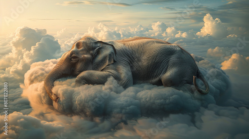 Sleepy elephant resting on a cloud mattress.