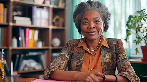 An mature African American school principal in the principal's office.