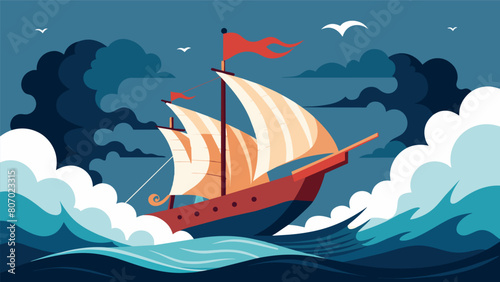 An image of a ship navigating through rough waters with the Stoic virtues of prudence and courage depicted as sails guiding the ship towards ethical. Vector illustration