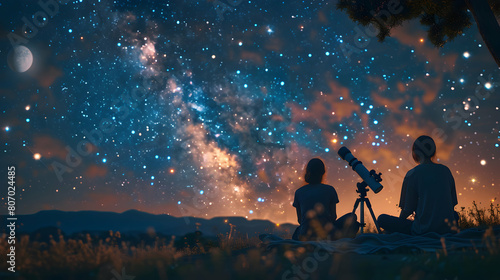 Families Enjoying a Photo Realistic Stargazing Night: Settling on Blankets with Telescopes in Backyard, Exploring Cosmos Together | Adobe Stock Concept