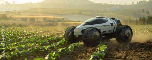 An autonomous farming vehicle sowing seeds and harvesting crops in a perfectly organized field