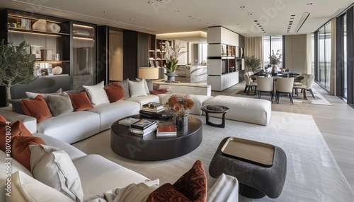 An expansive openplan living area with only essential furniture and decor