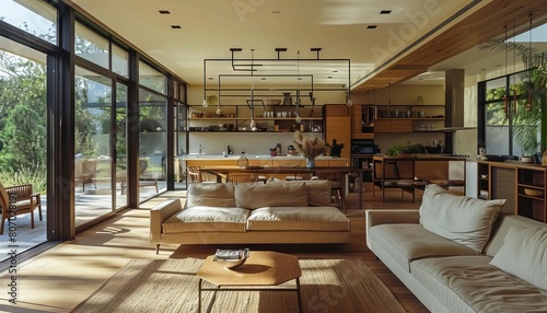 An expansive openplan living area with only essential furniture and decor