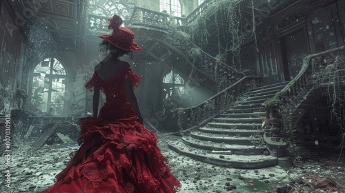 Craft a surreal scene of a decrepit mansion transformed into a high-fashion show venue Implement dramatic camera angles to fuse the elegance of fashion trends with the spine-chilli