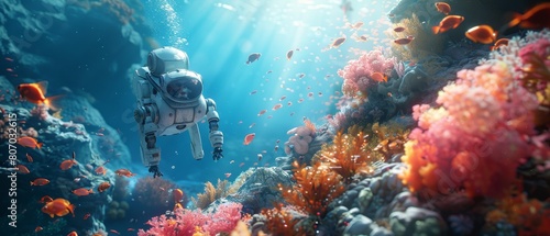 Discover a sleek, metallic robot, gliding through vibrant coral reefs in a sunlit underwater world, capturing the intricate dance of marine life in CG 3D