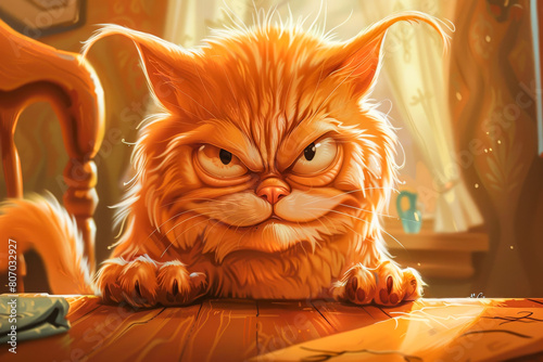 Cartoon Caricature of a Grumpy Cat. Generated Image. A digital illustration of a cartoon caricature of a grumpy older cat indoors.