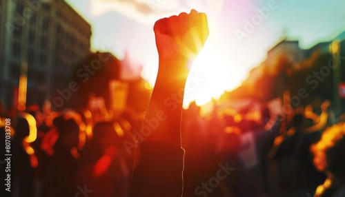 A powerful image of a raised fist at a protest, symbolizing activism and unity in a social movement, set against a crowd of diverse individuals fighting for civil rights