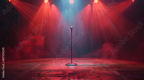 stage with a red background light with a mic stand in the middle and smoke effects
