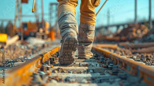 A worker walks on the steel track with tools in his hand, closeup of feet walking on tracks with a construction site background