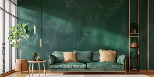 Light room with sofa and armchair on empty dark green wall background