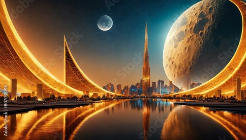 ２２００年、月が美しい、壮大な未来都市、デザイン