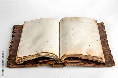 very old open book in blank, mock up antique book, empty pages. realistic vector bound in leather with blank pages of yellow parchment paper. isolated on white background