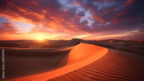 Sunset over the sand dunes of the Sahara desert in Morocco