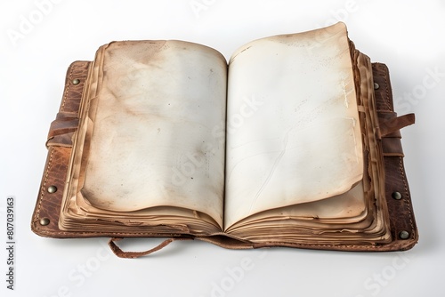 very old open book in blank, mock up antique book, empty pages. realistic vector bound in leather with blank pages of yellow parchment paper. isolated on white background
