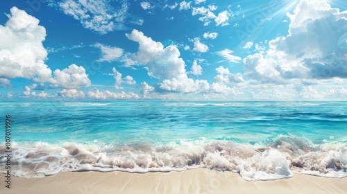 Beautiful empty tropical sea ocean beach with white clouds on blue sky background generative ai