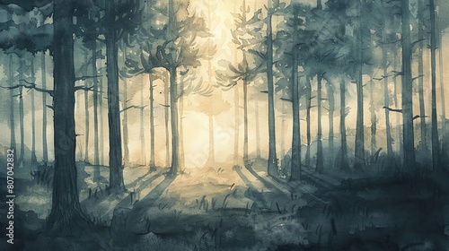 Capture the peaceful solitude of a pine forest at twilight, with shadows lengthening beneath the treesWater color, hand drawing